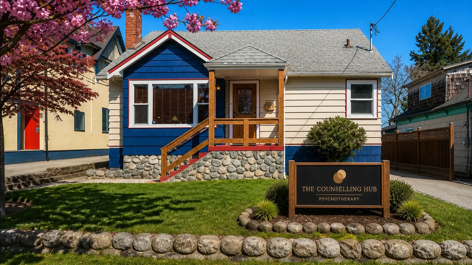 The Counselling HUB counselling office in Nanaimo, including the branded roadside sign