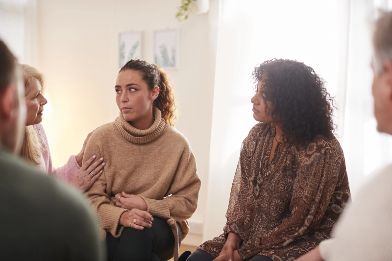 group-consoling-woman-speaking-at-support-group group-consoling-woman-speaking-at-support-group